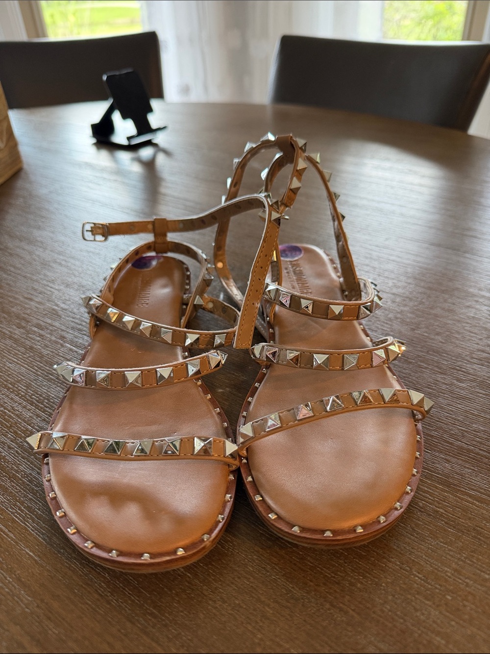Women's Tan Studded Leather Strappy Sandals with Ankle Buckle